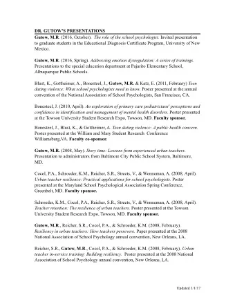 DR. GUTOWS PRESENTATIONS Gutow, M.R . (2016, October). The role of the school psychologist.