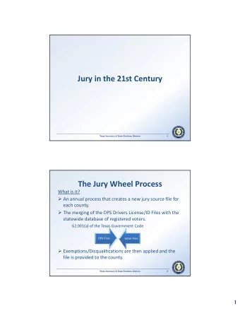Jury in the 21st Century Texas Secretary of State Elections Division  1 The Jury Wheel Process What