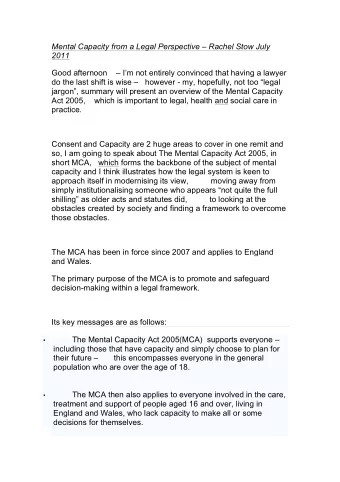 Mental Capacity from a Legal Perspective  Rachel Stow July 2011  Good afternoon     Im not