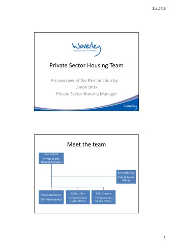 Private Sector Housing Team  An overview of the PSH function by  Simon Brisk  Private Sector