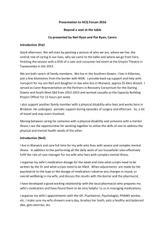 Presentation to HCQ Forum 2016  Beyond a seat at the table  Co-presented by Neil Ryan and Pat Ryan,