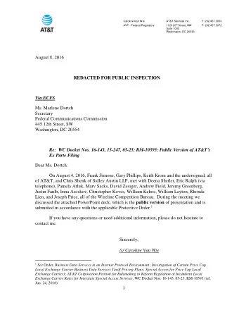 Caroline Van Wie  AT&amp;T Services Inc.  T: 202.457.3053  AVP - Federal Regulatory 1120 20 th