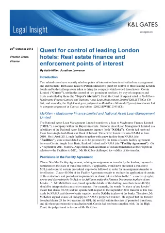 29 th October 2012  Quest for control of leading London  hotels: Real estate finance and  Practice