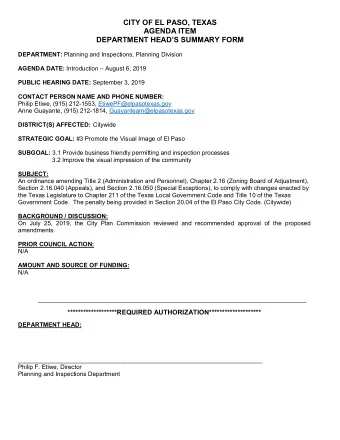 DEPARTMENT HEADS SUMMARY FORM DEPARTMENT: Planning and Inspections, Planning Division AGENDA