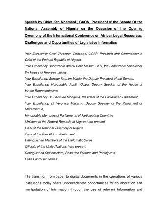 Speech by Chief Ken Nnamani , GCON, President of the Senate Of the  National  Assembly  of  Nigeria