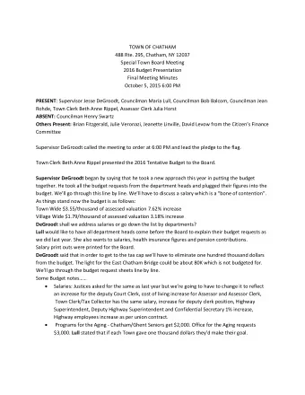 TOWN OF CHATHAM  488 Rte. 295, Chatham, NY 12037  Special Town Board Meeting  2016 Budget