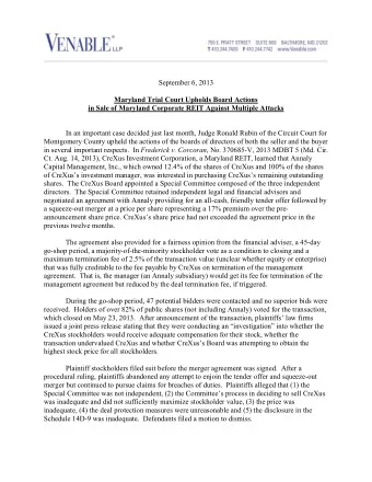 September 6, 2013  Maryland Trial Court Upholds Board Actions  in Sale of Maryland Corporate REIT