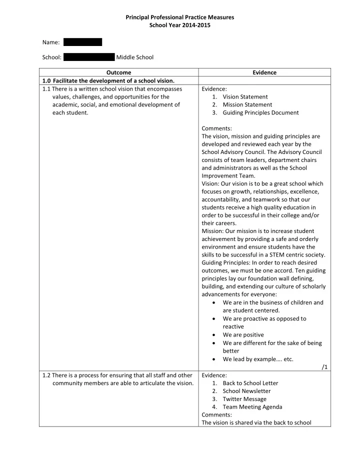 principal professional practice measures school year 2014