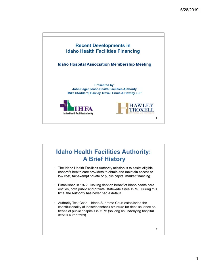 idaho health facilities authority a brief history