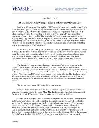 November 21, 2016  ISS Releases 2017 Policy Changes:  Focus on Bylaws Under Maryland Law