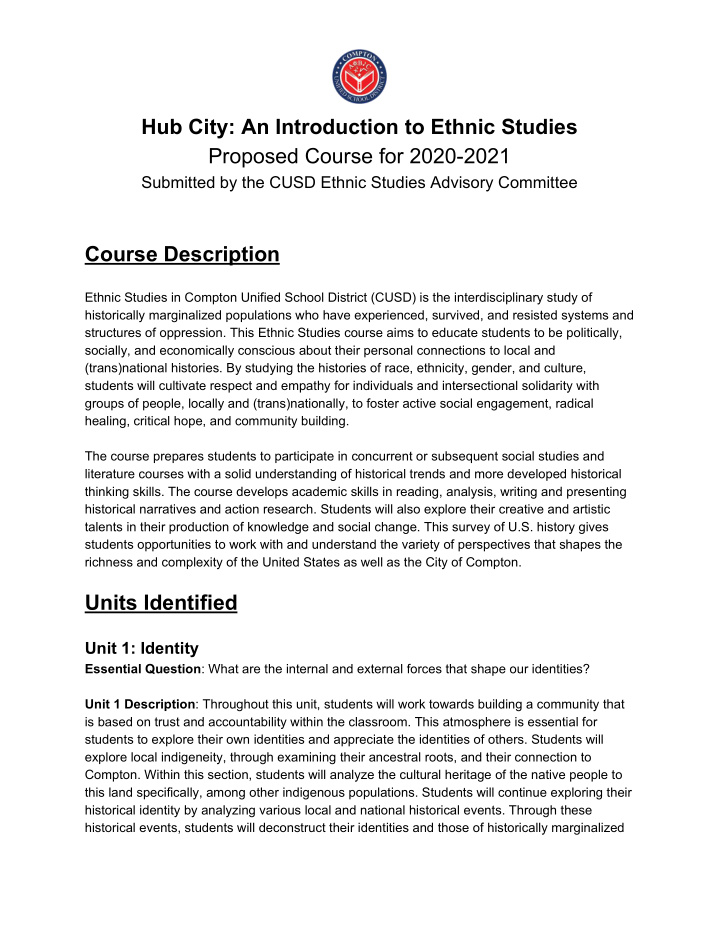 hub city an introduction to ethnic studies proposed