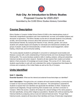 Hub City: An Introduction to Ethnic Studies  Proposed Course for 2020-2021  Submitted by the CUSD