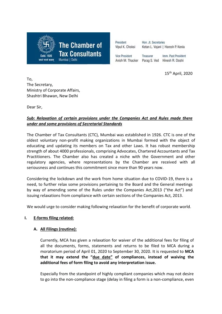 15 th april 2020 to the secretary ministry of corporate