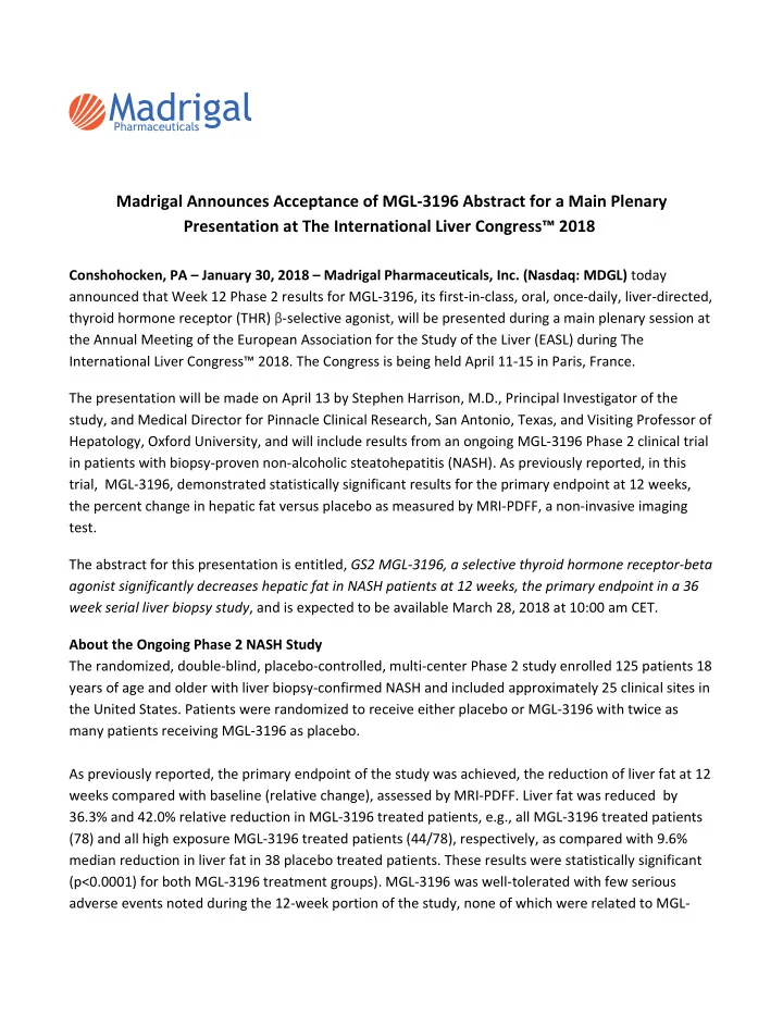 madrigal announces acceptance of mgl 3196 abstract for a