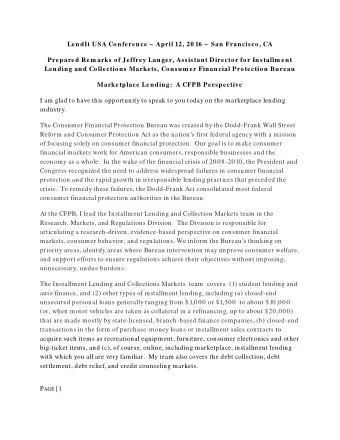 LendIt USA Conference   April 12, 20 16   San Francisco, CA  Prepared Rem arks of Jeffrey