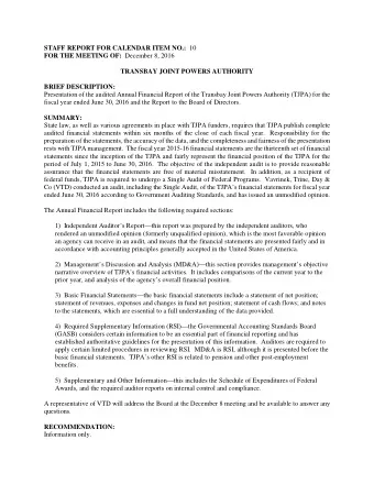 STAFF REPORT FOR CALENDAR ITEM NO.: 10 FOR THE MEETING OF: December 8, 2016  TRANSBAY JOINT POWERS