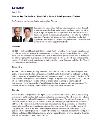 Law360  June 18, 2014  States Try To Prohibit Bad-Faith Patent Infringement Claims By J. Michael
