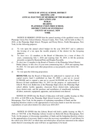 NOTICE OF ANNUAL SCHOOL DISTRICT MEETING AND  ANNUAL ELECTION OF MEMBERS OF THE BOARD OF EDUCATION