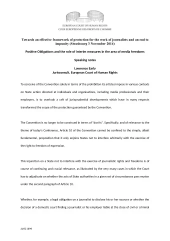 Towards an effective framework of protection for the work of journalists and an end to  impunity