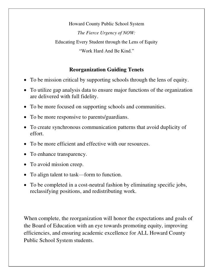reorganization guiding tenets to be mission critical by