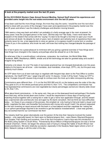 At the 2010 IEASA Western Cape Annual General Meeting, Samuel Seeff shared his experiences and