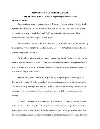 REINVENTING OUR SCHOOL SYSTEM:  Why a Business Voice is Critical to Improving Public Education  By