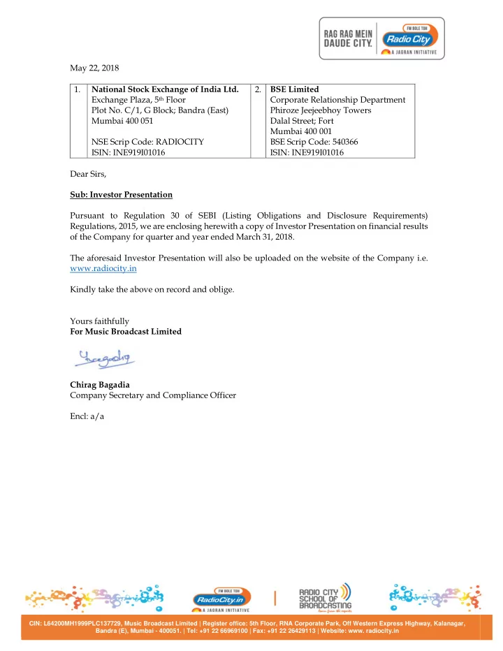 may 22 2018 1 national stock exchange of india ltd 2 bse