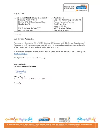 May 22, 2018 1.  National Stock Exchange of India Ltd. 2. BSE Limited Exchange Plaza, 5 th Floor