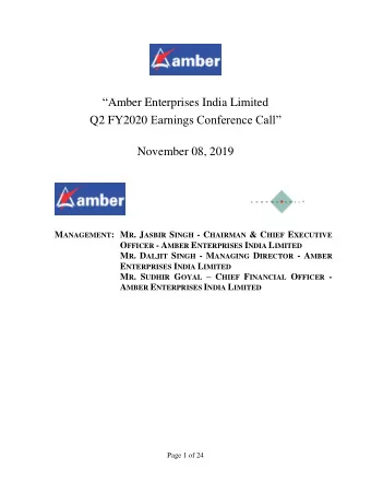 Amber Enterprises India Limited Q2 FY2020 Earnings Conference Call  November 08, 2019 M