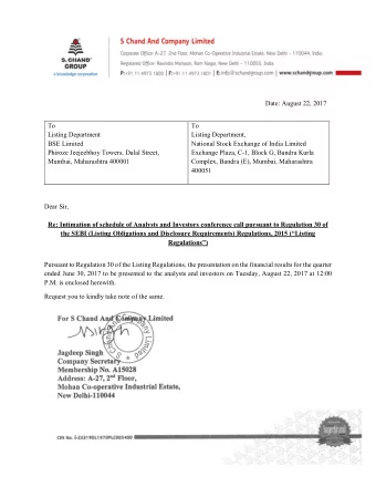 Date: August 22, 2017  To  To  Listing Department  Listing Department,  BSE Limited  National Stock