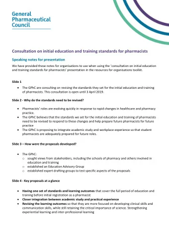 Consultation on initial education and training standards for pharmacists  Speaking notes for