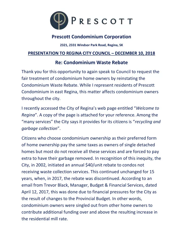 prescott condominium corporation