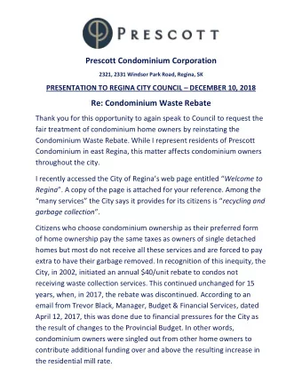 Prescott Condominium Corporation  2321, 2331 Windsor Park Road, Regina, SK PRESENTATION TO REGINA