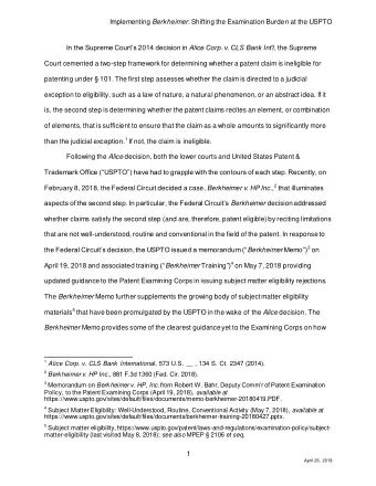Implementing Berkheimer : Shifting the Examination Burden at the USPTO In the Supreme Courts