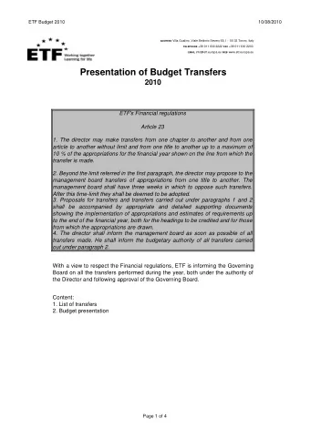 Presentation of Budget Transfers  2010  ETF's Financial regulations  Article 23  1. The director