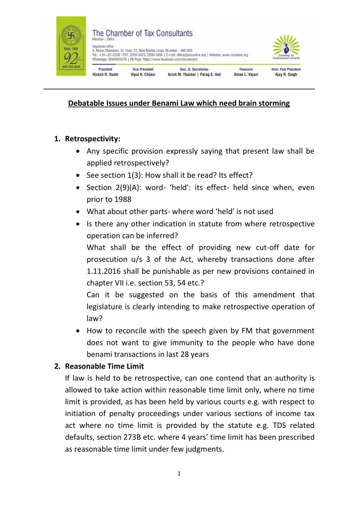debatable issues under benami law which need brain