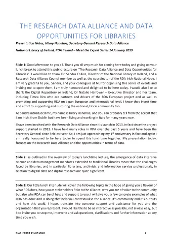 THE RESEARCH DATA ALLIANCE AND DATA  OPPORTUNITIES FOR LIBRARIES  Presentation Notes, Hilary