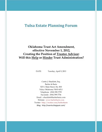 Tulsa Estate Planning Forum  Oklahoma Trust Act Amendment,  effective November 1, 2012,  Creating
