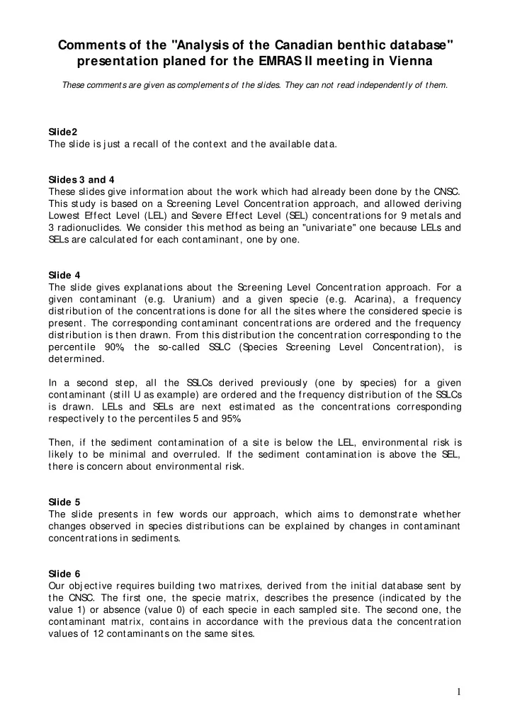 comments of the quot analysis of the canadian benthic