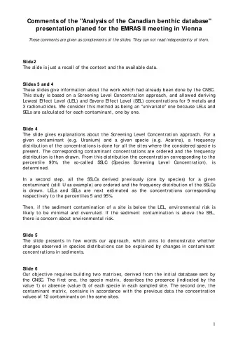 Comments of the &quot;Analysis of the Canadian benthic database&quot;  presentation planed for the