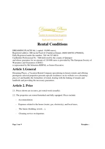 high-end vacation rental Rental Conditions  DREAMING PLACES ltd, ( capital: 10,000 euros),