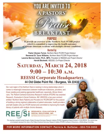 Praise  BREAKFAST PURPOSE  To provide an overview of the Northern Neck PCORI project  which is