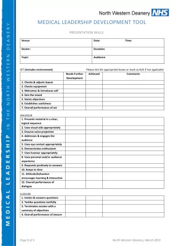 MEDICAL LEADERSHIP DEVELOPMENT TOOL  PRESENTATION SKILLS  Venue:  Date: