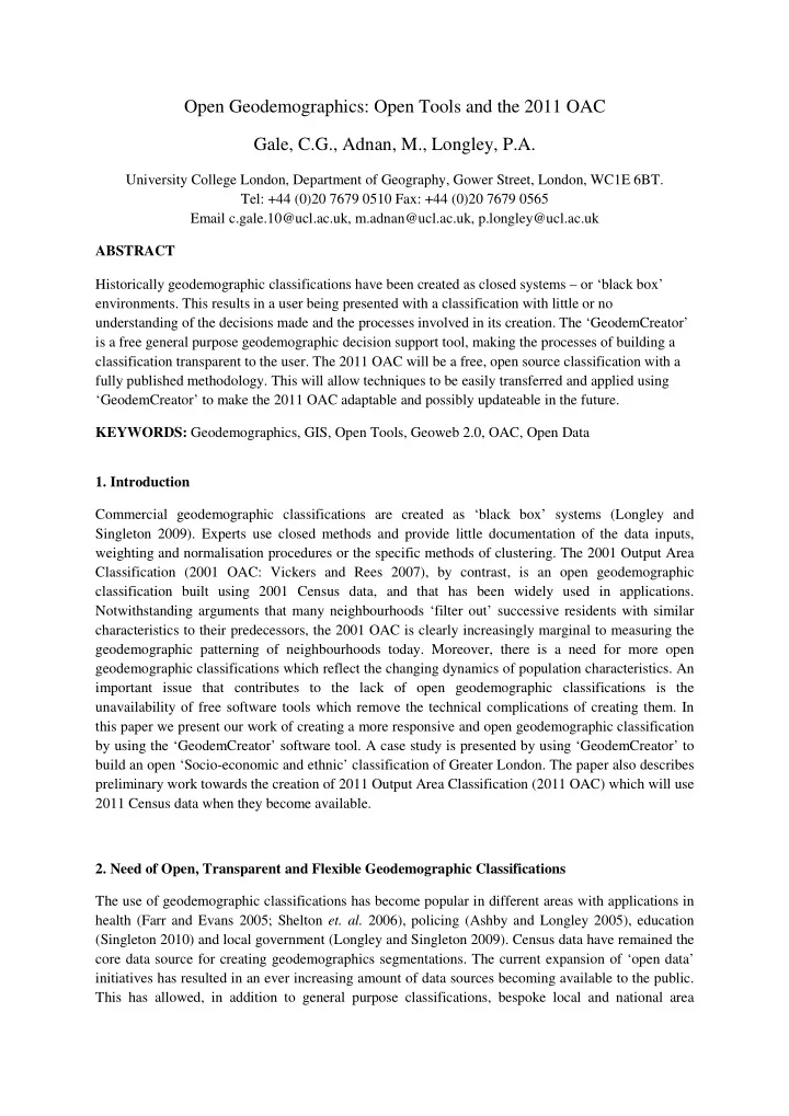 open geodemographics open tools and the 2011 oac gale c g