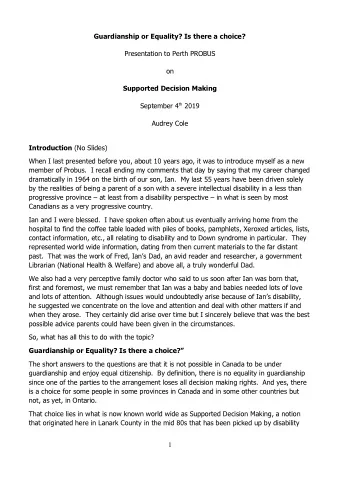Guardianship or Equality? Is there a choice?  Presentation to Perth PROBUS  on  Supported Decision