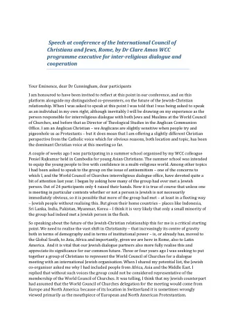 Speech at conference of the International Council of  Christians and Jews, Rome, by Dr Clare Amos