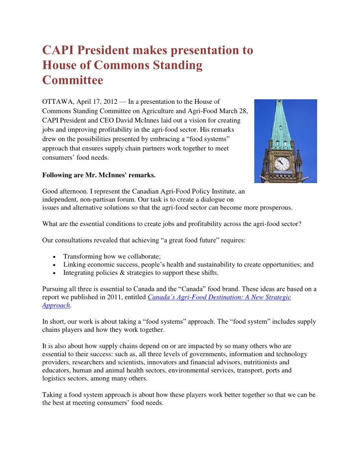 capi president makes presentation to house of commons