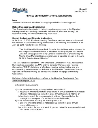 34  Council  June 24, 2019  REVISED DEFINITION OF AFFORDABLE HOUSING Issue A revised definition of