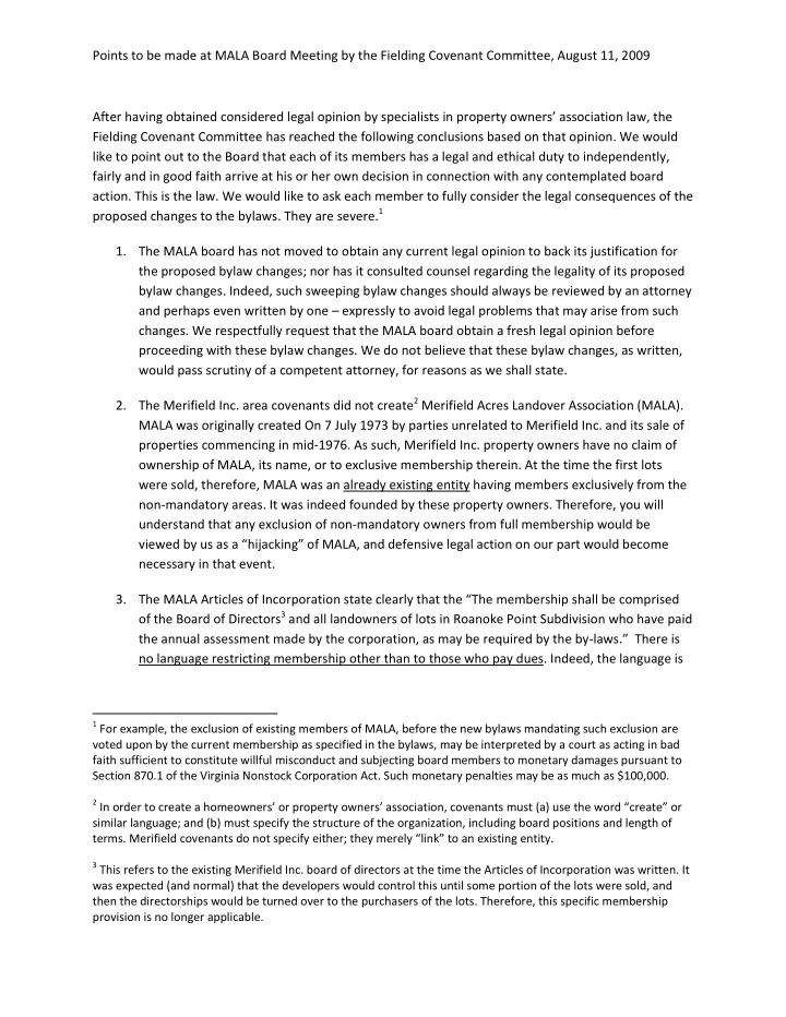 points to be made at mala board meeting by the fielding