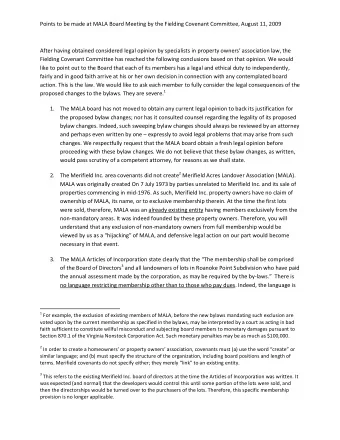 Points to be made at MALA Board Meeting by the Fielding Covenant Committee, August 11, 2009 After